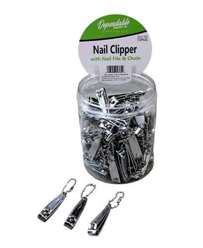 Wholesale  72 Stainless Steel Nail Clippers with Fold-Out File & Keychain in Plastic Screw Top Jar