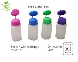 Set Of 4 Mini Salt And Pepper Shakers, 1oz BpA-Free Plastic With Snap Top Lids, Assorted Colors