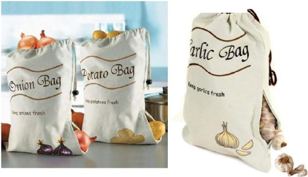 3 Pack Onion Potato & Garlic Storage Bags Keeps Fresher Longer Drawstring Closure Side Zipper Blackout Interior